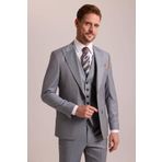 YSF Erkek Gri Bej Slim Fit Sivri Yaka Yelekli Yün Takım Elbise