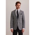 Ysf Erkek Gri Kışlık Yünlü Regular Fit Ekose Desenli Tek Ceket - 60 / 4