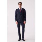 Ysf Erkek Lacivert Çizgili Slim Fit Kruvaze Takım Elbise