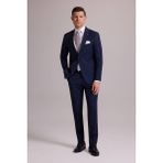 Ysf Erkek Lacivert Çizgili Slim Fit Mono Yaka %100 Yün Takım Elbise