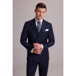 Ysf Erkek Lacivert Çizgili Slim Fit Sivri Yaka Kruvaze %100 Yün Takım Elbise
