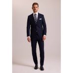 Ysf Erkek Lacivert Slim Fit Yünlü Likralı Mono Yaka Takım Elbise - 6 Drop - 52 / 6