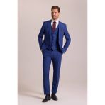 Ysf Erkek Saks Mavisi Slim Fit Sivri Yaka Yelekli Yün Takım Elbise - 6 Drop - 50 / 6