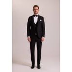 Ysf Erkek Siyah Slim Fit Likralı Sivri Yaka Yelekli Damatlık - 6 Drop - 50 / 6