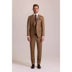 Ysf Erkek Taba Slim Fit Sivri Yaka Yelekli Yün Takım Elbise - 6 Drop - 50 / 6