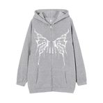 YuanDiann Erkek Kadın Y2K Fermuarlı Kapüşonlu Ceket Kafatası Kelebek Baskılı Retro 90'lar Kadife Astar Fermuarlı Kapüşonlu Sweatshirt Sweat Ceket, gri, XL