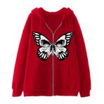 YuanDiann Erkek Kadın Y2K Fermuarlı Kapüşonlu Ceket Kafatası Kelebek Baskılı Retro 90'lar Kadife Astar Fermuarlı Kapüşonlu Sweatshirt Sweat Ceket, Kırmızı 5 #, XXL