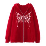 YuanDiann Erkek Kadın Y2K Fermuarlı Kapüşonlu Ceket Kafatası Kelebek Baskılı Retro 90'lar Kadife Astar Fermuarlı Kapüşonlu Sweatshirt Sweat Ceket, kırmızı, XL