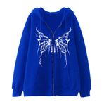 YuanDiann Erkek Kadın Y2K Fermuarlı Kapüşonlu Ceket Kafatası Kelebek Baskılı Retro 90'lar Kadife Astar Fermuarlı Kapüşonlu Sweatshirt Sweat Ceket, mavi, L