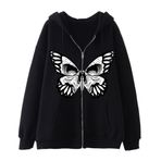 YuanDiann Erkek Kadın Y2K Fermuarlı Kapüşonlu Ceket Kafatası Kelebek Baskılı Retro 90'lar Kadife Astar Fermuarlı Kapüşonlu Sweatshirt Sweat Ceket, Siyah 2 #, L