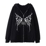 YuanDiann Erkek Kadın Y2K Fermuarlı Kapüşonlu Ceket Kafatası Kelebek Baskılı Retro 90'lar Kadife Astar Fermuarlı Kapüşonlu Sweatshirt Sweat Ceket, siyah, M