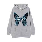 YuanDiann Erkek Kadın Y2K Fermuarlı Kapüşonlu Kelebek Baskılı Ceket 90'lar Retro Sonbahar Kış Fermuarlı Sweatshirt Kadife Astarlı Kapüşonlu Sweat Ceket, gri, XXL