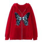 YuanDiann Erkek Kadın Y2K Fermuarlı Kapüşonlu Kelebek Baskılı Ceket 90'lar Retro Sonbahar Kış Fermuarlı Sweatshirt Kadife Astarlı Kapüşonlu Sweat Ceket, kırmızı, M