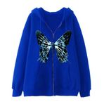 YuanDiann Erkek Kadın Y2K Fermuarlı Kapüşonlu Kelebek Baskılı Ceket 90'lar Retro Sonbahar Kış Fermuarlı Sweatshirt Kadife Astarlı Kapüşonlu Sweat Ceket, mavi, XXL