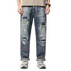 YuanDiann Erkek yırtık kot pantolon, Y2K retro düz bacaklı bol kot pantolon, retro sokak tarzı görünümlü, rahat ve modaya uygun yama delikli kot pantolon, erkekler için, Mavi 1#, 30