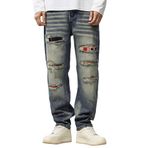 YuanDiann Erkek yırtık kot pantolon, Y2K retro düz bacaklı bol kot pantolon, retro sokak tarzı görünümlü, rahat ve modaya uygun yama delikli kot pantolon, erkekler için, Mavi 10#, 36