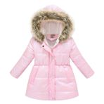 YuanDiann Kız çocuk kışlık manto, kış, parlak kapitone ceket, suni kürklü kuş tüyü ceket, kapüşonlu dış giyim, Pembe., 120