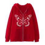 YuanDiann Y2K Fermuarlı Kapüşonlu Erkek Kadın Kafatası Kelebek Baskılı Ceket 90'lar Retro Genç Sonbahar Kış Kadife Astar Fermuarlı Kapüşonlu Sweatshirt Sweat Ceket, kırmızı, 3XL
