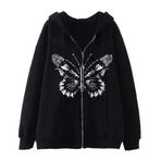 YuanDiann Y2K Fermuarlı Kapüşonlu Erkek Kadın Kafatası Kelebek Baskılı Ceket 90'lar Retro Genç Sonbahar Kış Kadife Astar Fermuarlı Kapüşonlu Sweatshirt Sweat Ceket, siyah, XXL