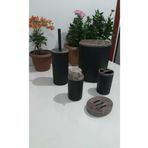 YÜCEKAYA TİCARET 5'li Siyah Banyo Seti Akrilik Desenli Siyah Yuvarlak Banyo Seti Çizgili Banyo Seti Çöp Kovası
