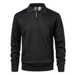 Yukirtiq Erkek Polar Astarlı Fermuarlı Yaka Triko Sweatshirt Uzun Kollu Kazak Nervürlü Yumuşak Günlük Polo Üst, Siyah, L