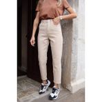 Yüksek Bel Bej Rengi Mom Jeans Likralı Esnek Kot Pantolon - Krem - 36