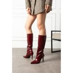 Yula Fashion Shoes Uzun Diz Altı Kırışık Rugan Topuklu Çizme (9cm) Bordo