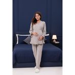 Yulem Homewear Bej Kruvaze Fırfırlı Tasarım Uzun Kol Pamuklu Lohusa Hamile Pijama Takım Set
