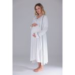Yulem Homewear Ekru Biyeli Tasarım Pamuklu Fakir Kol Lohusa Hamile Gecelik-Sabahlık 2'li Set