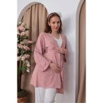 Yulem Homewear Pudra Örgülü Jakarlı Kruvaze Tasarım Pamuklu Lohusa Hamile Sabahlık 3'lü Pijama Takım