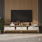 Yumedi Design TSA1802DBG - Kerem Tv Stand , Tv Sehpası 180CM Safirmeşe-Beyaz-Gold - Beyaz - Safir Meşe - Altın