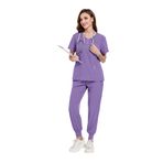 YUMERA Kadınlar için Önlükler, İnce Kadın Dayanıklı Çok Cepli V Yaka Scrubs Kadın Doktorlar Scrubs Üst ve Pantolon Gevşek Sağlık Tunikleri İş Kıyafeti İnce ve Havalı, mor (Light Purple), L