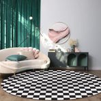 Yumuşak, büyük, kaymaz, yuvarlak halı, kareli, siyah ve beyaz ızgara deseni, oturma odası için, kabarık çocuk halısı - yıkanabilir koruyucu mat, çap 150 cm
