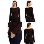Yumuşak Dokulu Pamuk Dokuma Uzun Kol Balerin Yaka Parmak Geçmeli Body Modal T-Shirt (Kahverengi, XL)