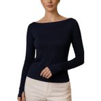 Yumuşak Dokulu Pamuk Dokuma Uzun Kol Balerin Yaka Parmak Geçmeli Body Modal T-Shirt (Lacivert, S)