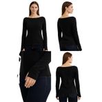 Yumuşak Dokulu Pamuk Dokuma Uzun Kol Balerin Yaka Parmak Geçmeli Body Modal T-Shirt (Siyah, S)