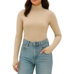 Yumuşak Dokulu Pamuk Dokuma Uzun Kol Dik Yaka Parmak Geçmeli Body Modal T-Shirt (Bej, S)