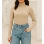 Yumuşak Dokulu Pamuk Dokuma Uzun Kol Dik Yaka Parmak Geçmeli Body Modal T-Shirt - Bej