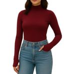 Yumuşak Dokulu Pamuk Dokuma Uzun Kol Dik Yaka Parmak Geçmeli Body Modal T-Shirt (Bordo, L)