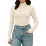Yumuşak Dokulu Pamuk Dokuma Uzun Kol Dik Yaka Parmak Geçmeli Body Modal T-Shirt (Ekru, S)