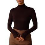Yumuşak Dokulu Pamuk Dokuma Uzun Kol Dik Yaka Parmak Geçmeli Body Modal T-Shirt (Kahverengi, L)