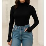 Yumuşak Dokulu Pamuk Dokuma Uzun Kol Dik Yaka Parmak Geçmeli Body Modal T-Shirt - Siyah