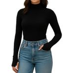 Yumuşak Dokulu Pamuk Dokuma Uzun Kol Dik Yaka Parmak Geçmeli Body Modal T-Shirt - XL - Siyah