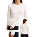 Yumuşak Dokulu Pamuk Dokuma Uzun Kol Yuvarlak Yaka Parmak Geçmeli Body Modal T-Shirt (Beyaz, L)
