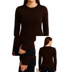 Yumuşak Dokulu Pamuk Dokuma Uzun Kol Yuvarlak Yaka Parmak Geçmeli Body Modal T-Shirt (Kahverengi, XL)