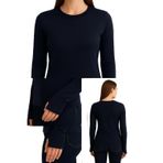 Yumuşak Dokulu Pamuk Dokuma Uzun Kol Yuvarlak Yaka Parmak Geçmeli Body Modal T-Shirt (Lacivert, S)