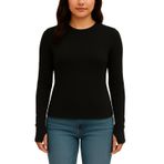 Yumuşak Dokulu Pamuk Dokuma Uzun Kol Yuvarlak Yaka Parmak Geçmeli Body Modal T-Shirt (Siyah, L)