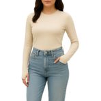 Yumuşak Dokulu Pamuk Dokuma Uzun Kol Yuvarlak Yaka Parmak Geçmeli Body Modal T-Shirt (Taş, S)