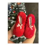 Yumuşak Peluş Fiyonklu Patik Kaymaz Taban Ev Babeti Ev Ayakkabısı Kırmızı 32-33