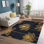 Yumuşak Yıkanabilir Oryantal Halı 140 x 200 cm Kaymaz Siyah ve Altın Lotus Desenli Halı Oturma Odası Yatak Odası Yemek Odası için İdeal Kısa Tüylü Kabarık Tasarım